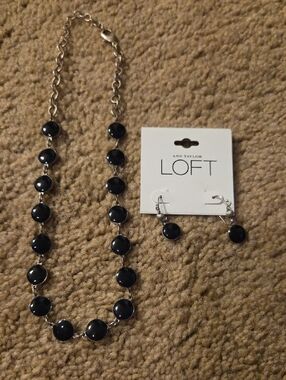 LOFT Navy Blue Beaded Necklace and Drop Earring Set
